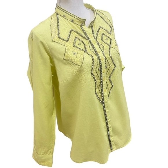 Anthropologie Pilcro Nayeli beaded rhinestone lace linen chartreuse shirt 1x - Picture 4 of 15